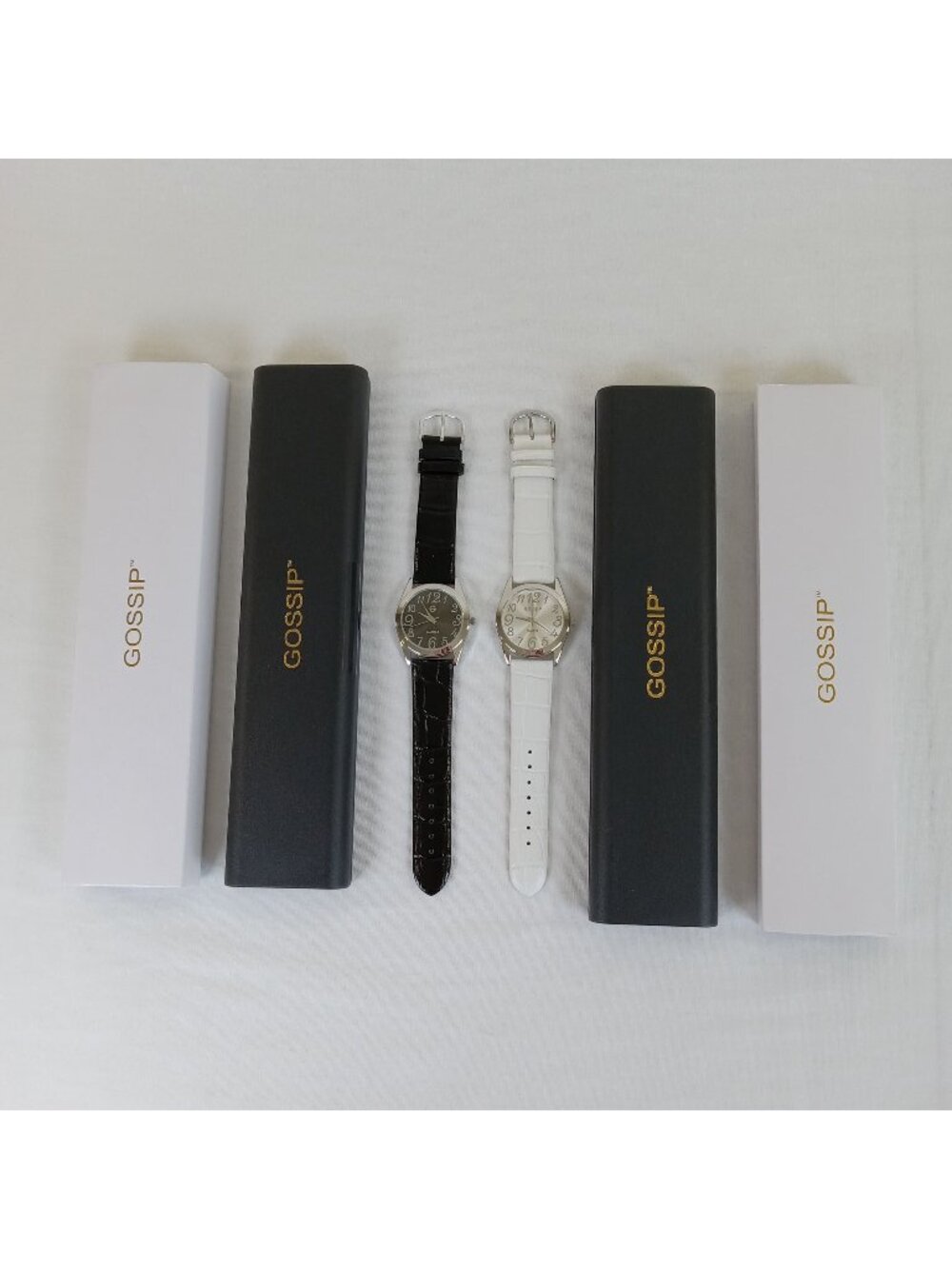 2 GOSSIP Quartz Wristwatch Set Black White Leather Bands Stainless NEW BATTERIES